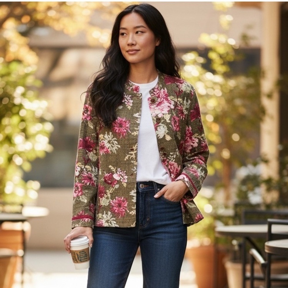 J JILL Dark Floral Button Front Jacket L Fall Layer Cottage Travel Office Brunch